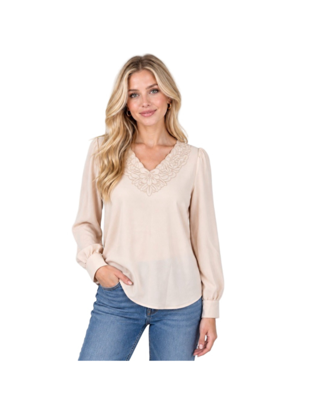 Maison d’Amelie Beige Embroidered Scalloped V-Neck Chic Blouse Long Sleeve Sz S